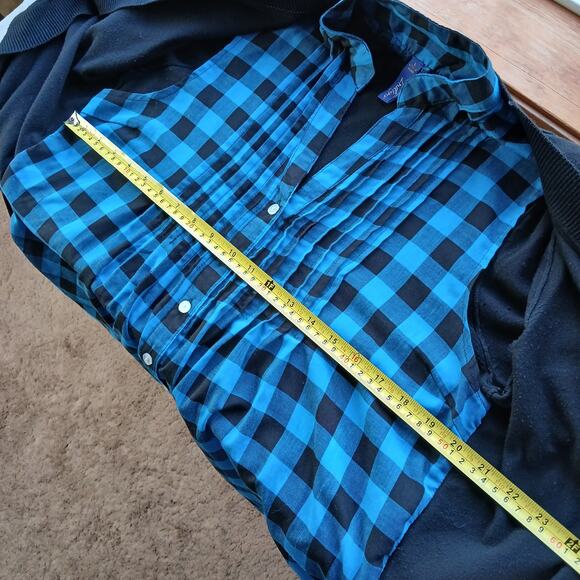 GNW Indigo Teal Layered Look Cardigan Blouse L plaid pintuck tunic roll sleeve - Picture 11 of 16